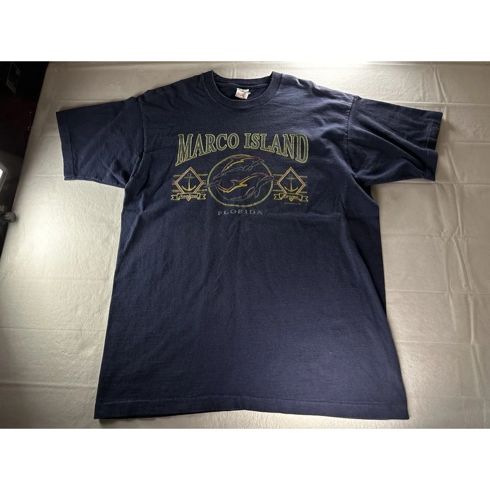 VTG 1990s Marco‎ Island Florida Shirt Mens XL Navy Made in USA Single Stitch Tee